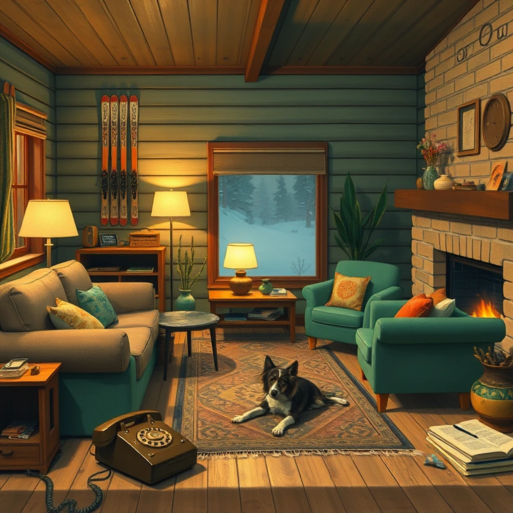Image A of the puzzle: 1970s scandinavian ski lodge living room with skis on the wall