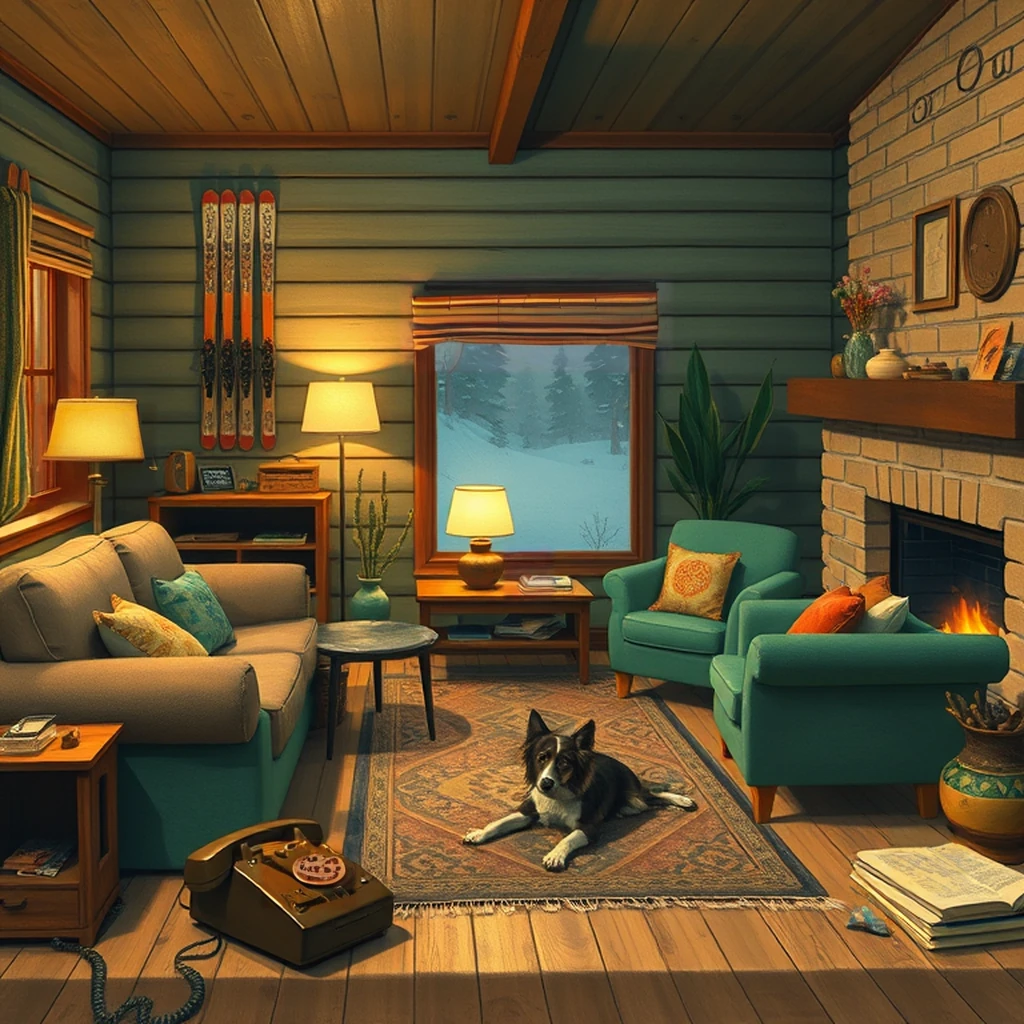 Image B of the puzzle: 1970s scandinavian ski lodge living room with skis on the wall