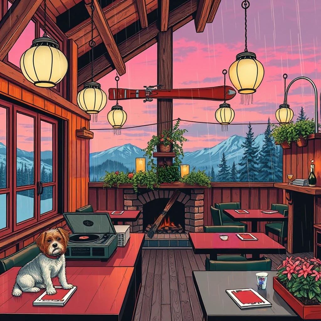 Image B of the puzzle: 1970s scandinavian ski resort bar area with wood paneling