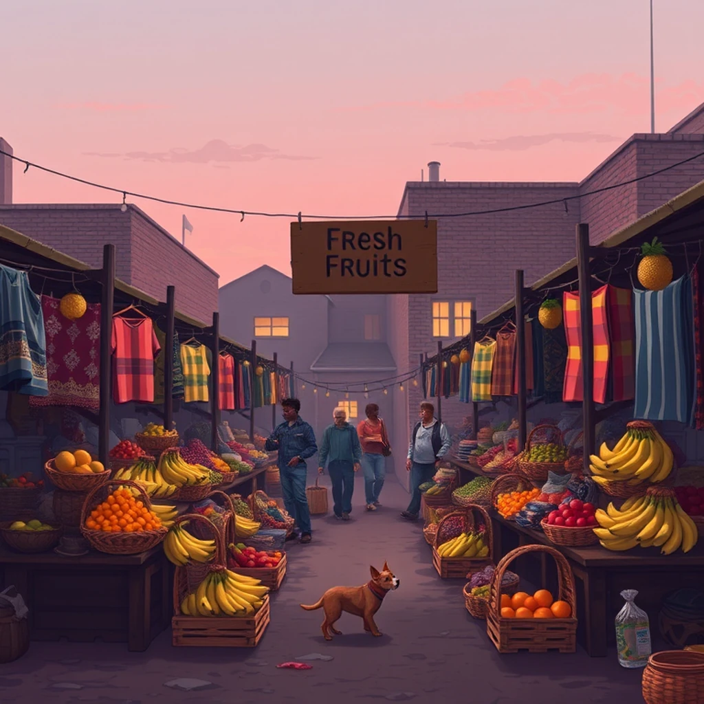 Image A of the puzzle: 1970s south african township market stall with woven baskets and fruits