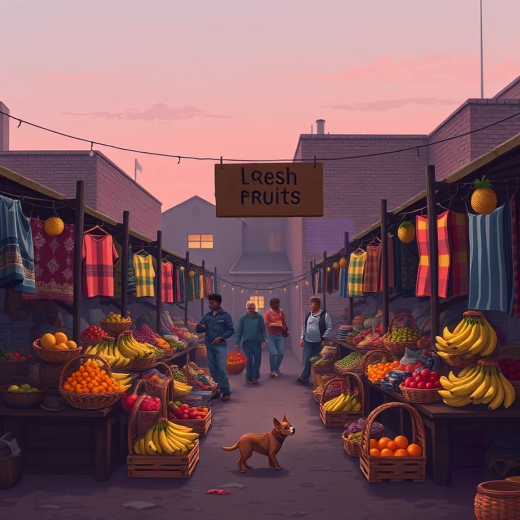 Image B of the puzzle: 1970s south african township market stall with woven baskets and fruits