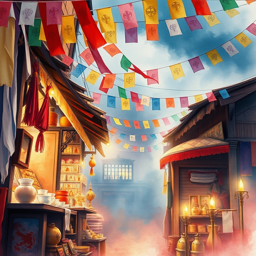 Image A of the puzzle: 1970s tibetan marketplace stall with prayer flags and yak butter tea