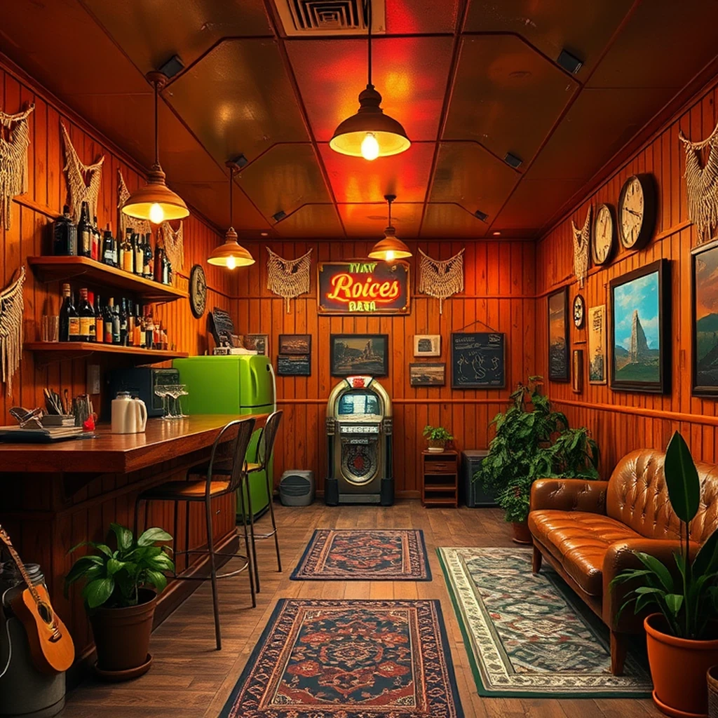 Image A of the puzzle: 1970s wood-paneled basement bar with macrame and avocado green appliances
