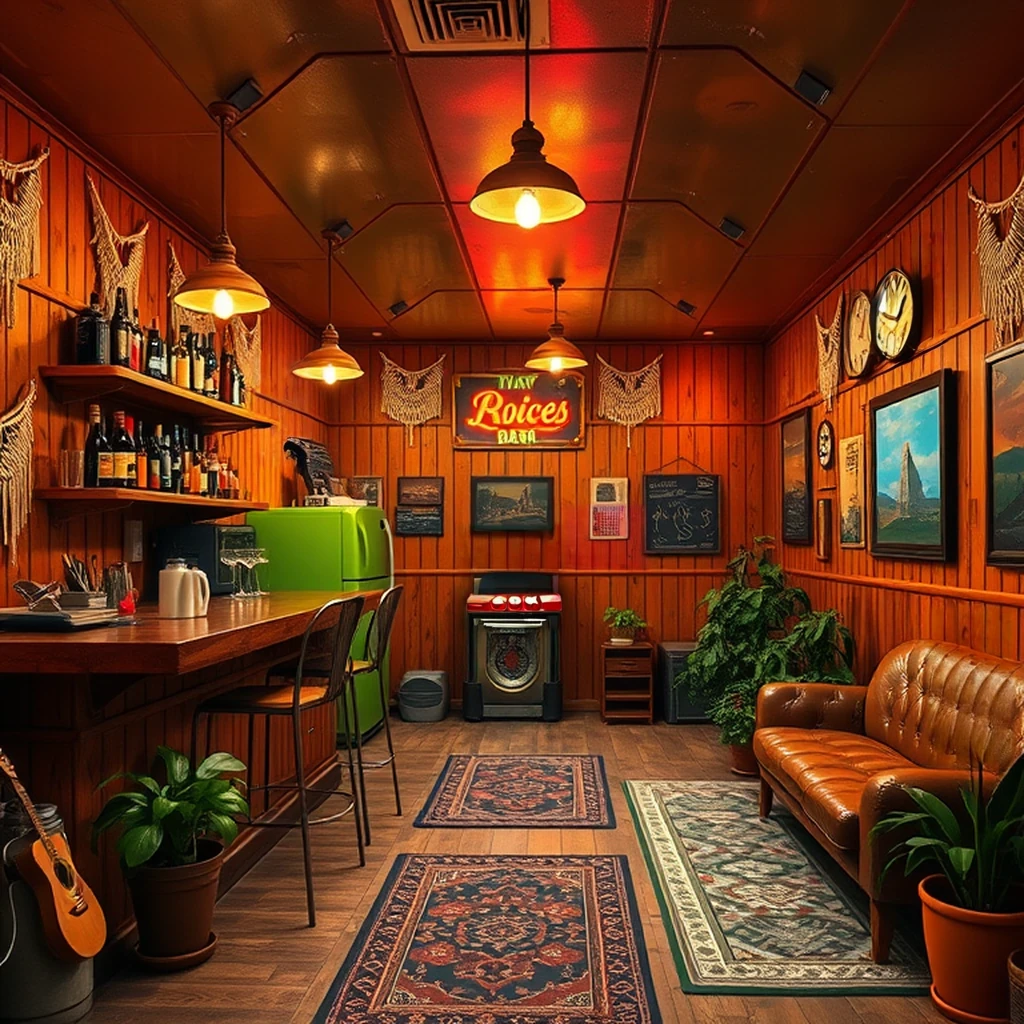 Image B of the puzzle: 1970s wood-paneled basement bar with macrame and avocado green appliances