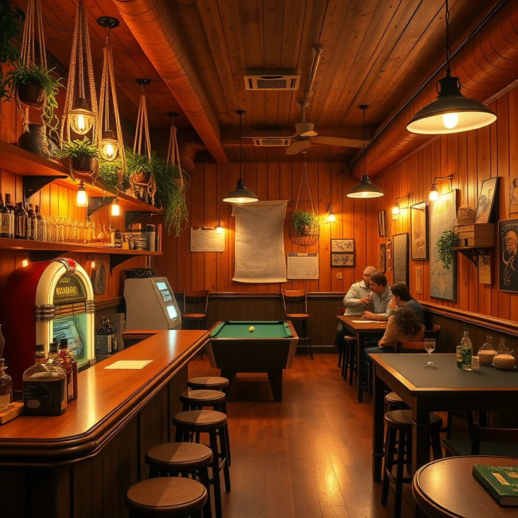 Image A of the puzzle: 1970s wood-paneled basement bar with macrame plant hangers and amber glassware