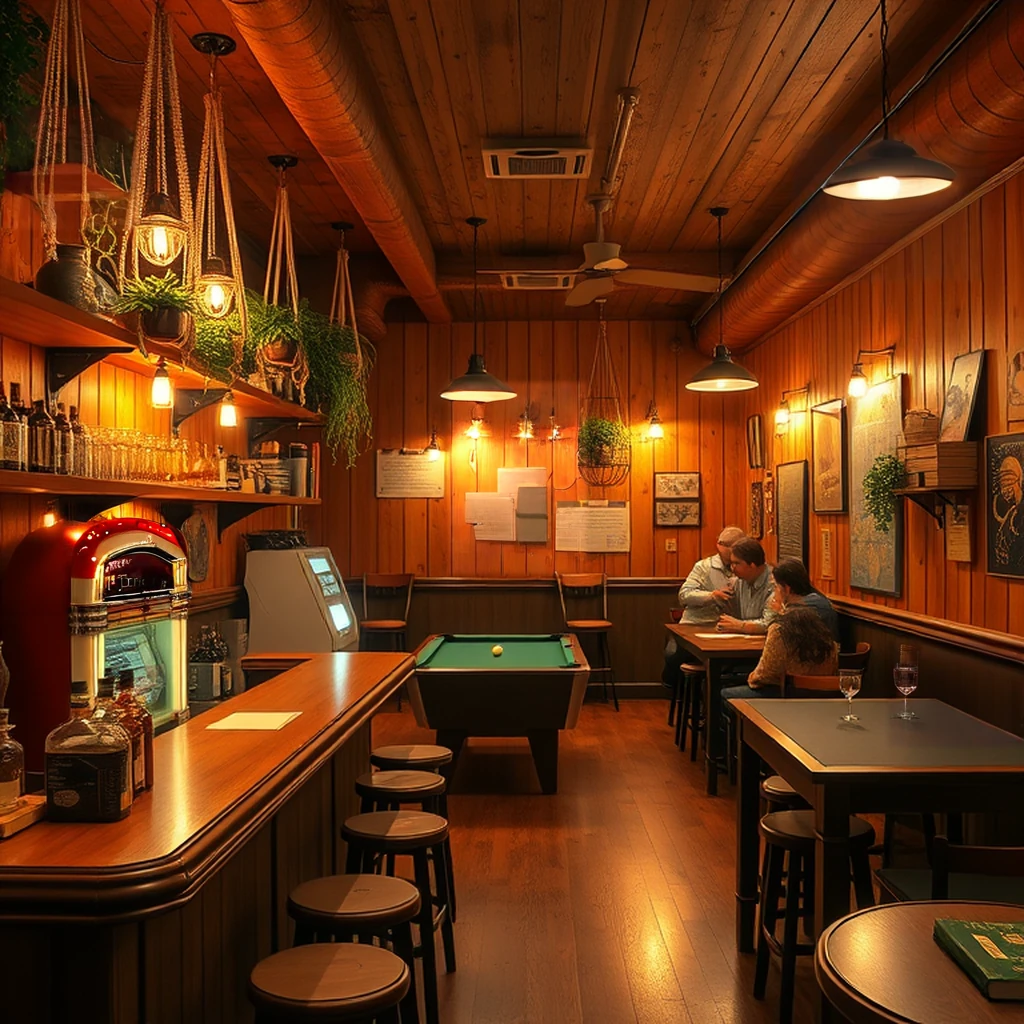 Image B of the puzzle: 1970s wood-paneled basement bar with macrame plant hangers and amber glassware