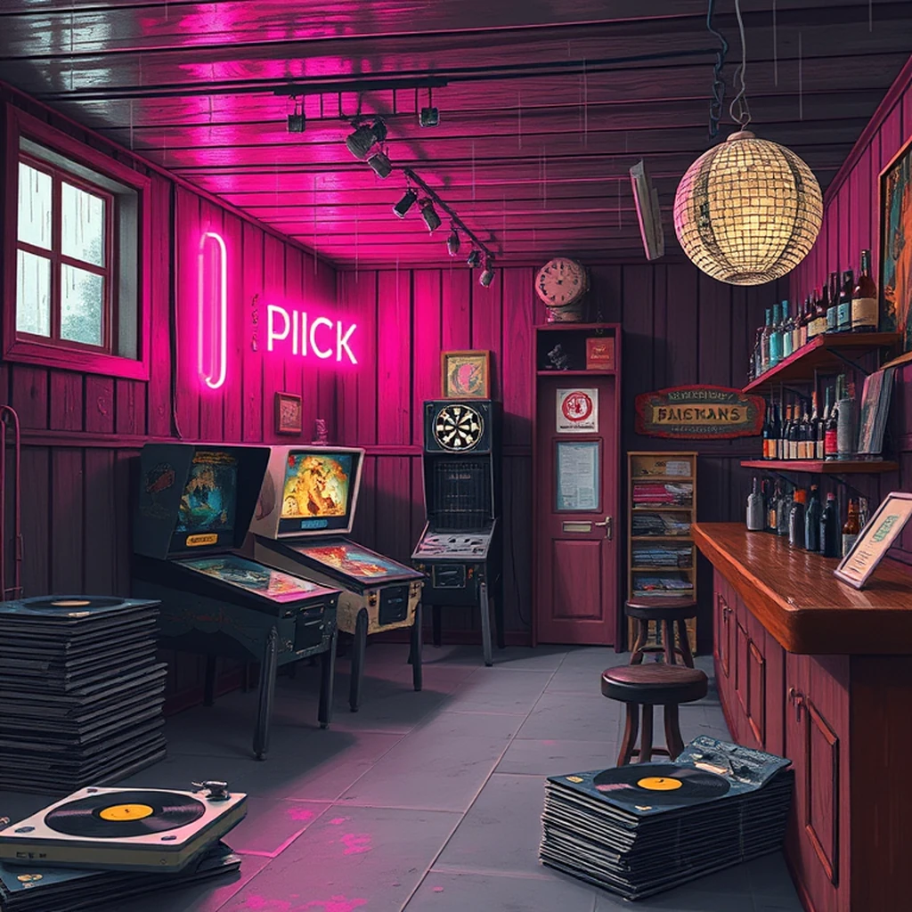 Image A of the puzzle: 1970s wood-paneled basement bar with pinball machine and dartboard