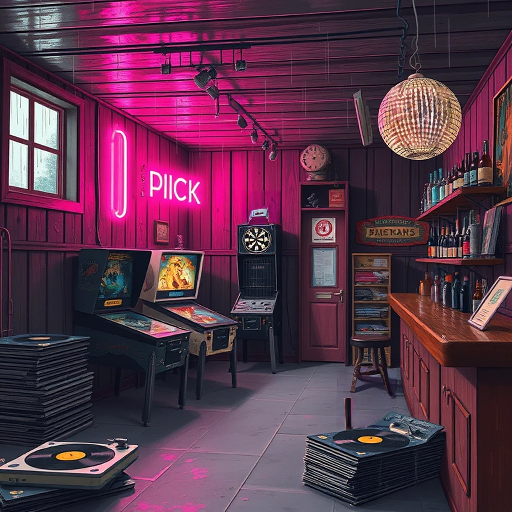 Image B of the puzzle: 1970s wood-paneled basement bar with pinball machine and dartboard