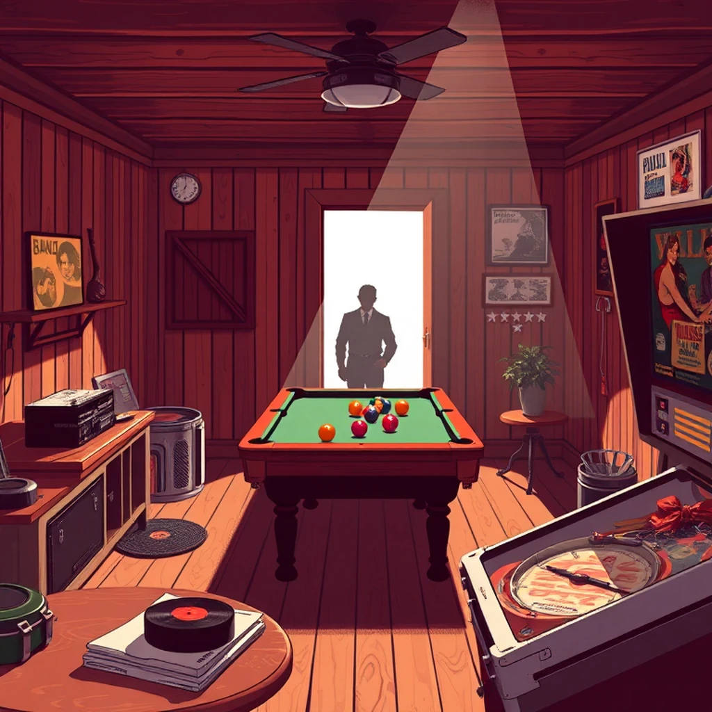 Image A of the puzzle: 1970s wood-paneled game room with pool table and pinball machine