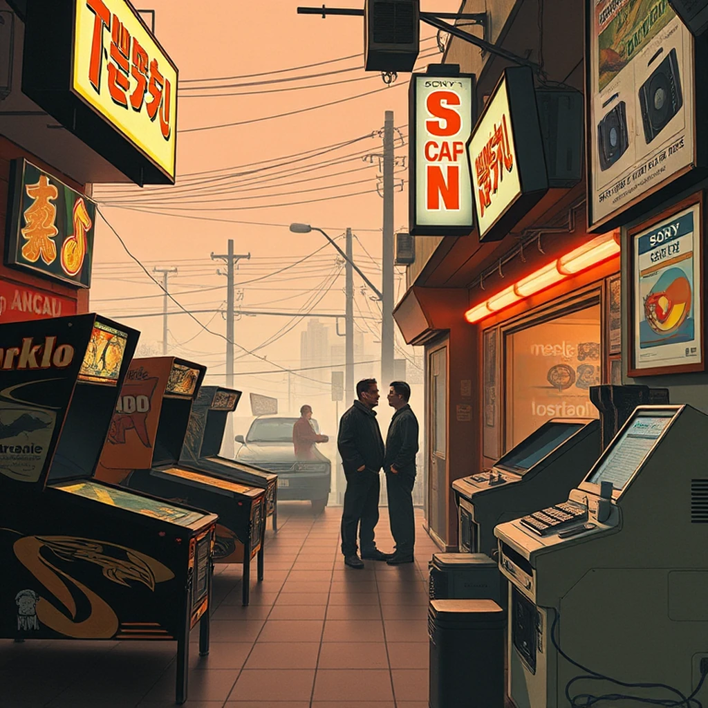 Image B of the puzzle: 1980s american arcade center with sony walkman ad posters