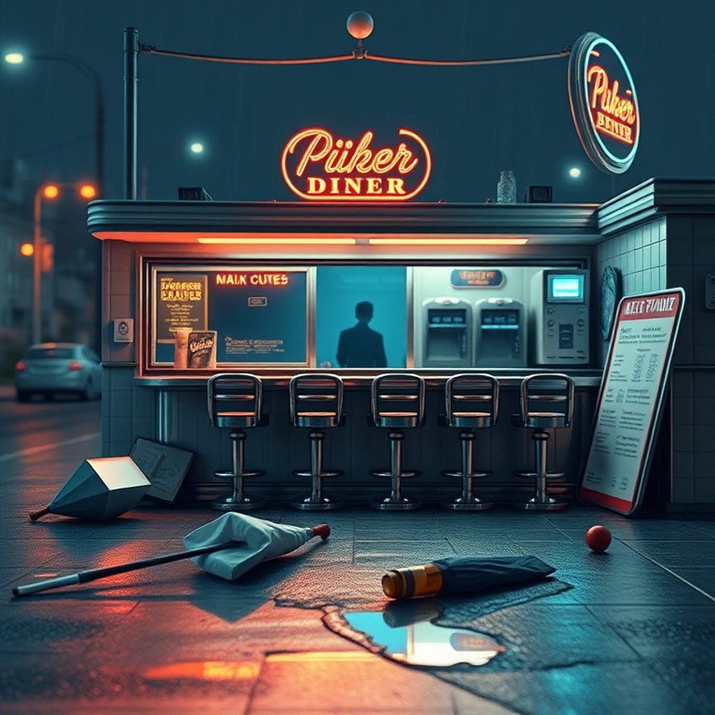 Image A of the puzzle: 1980s american diner soda fountain with chrome stools and malted milk shakes