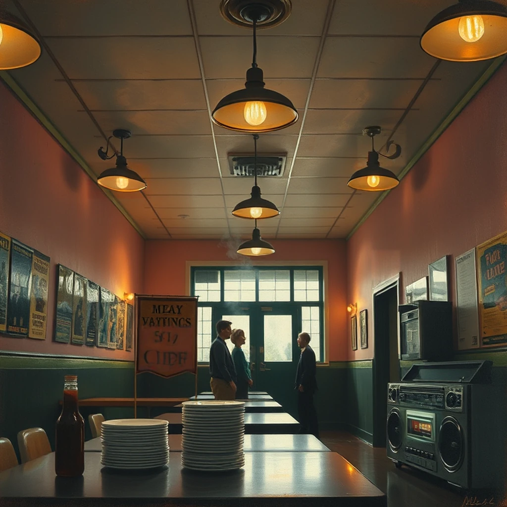 Image B of the puzzle: 1980s american high school cafeteria with metal trays and posters