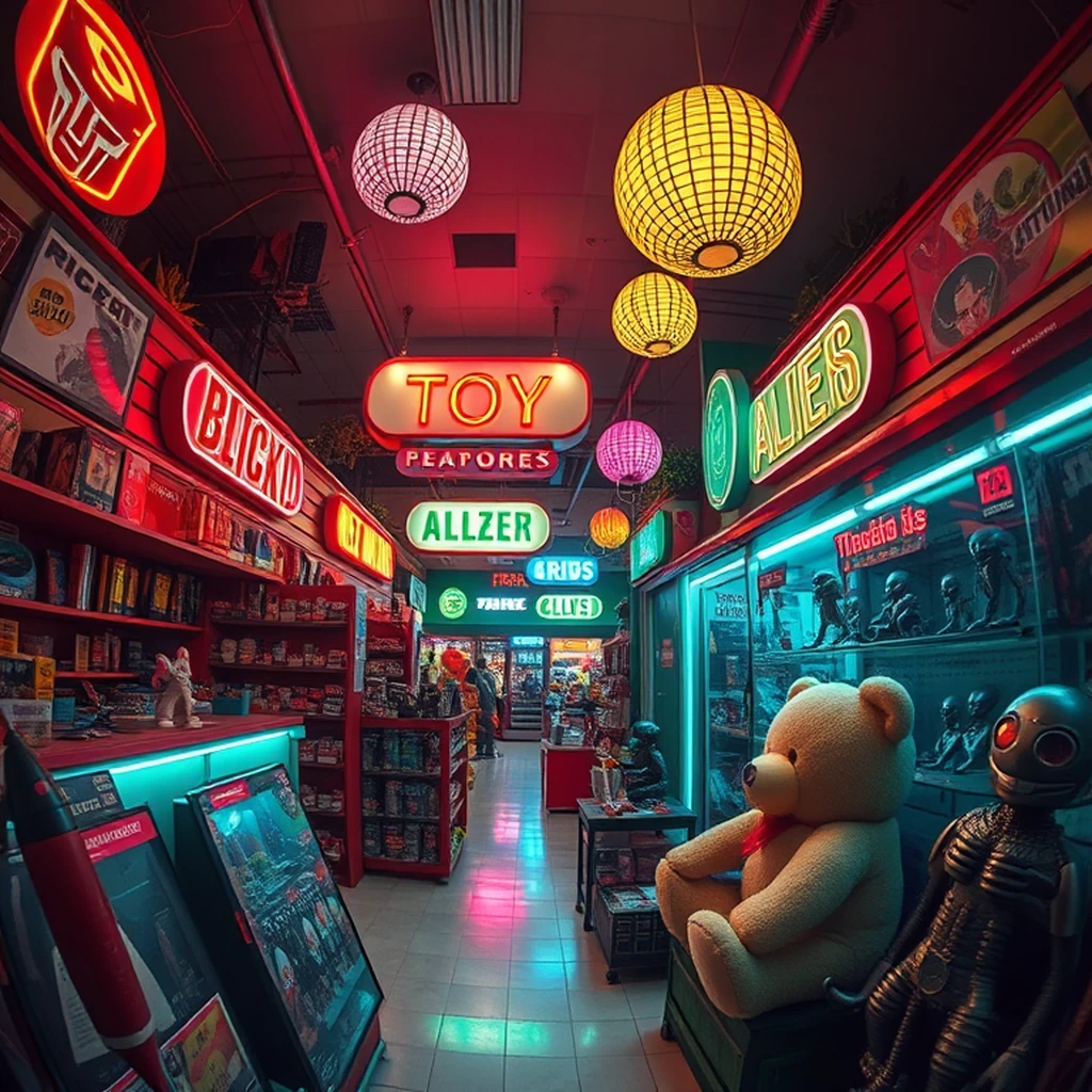 Image A of the puzzle: 1980s american mall toy store with plastic toys and stuffed animals