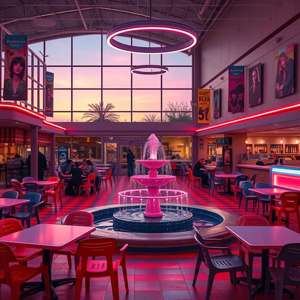 Image A of the puzzle: 1980s American shopping mall food court with neon plastic chairs