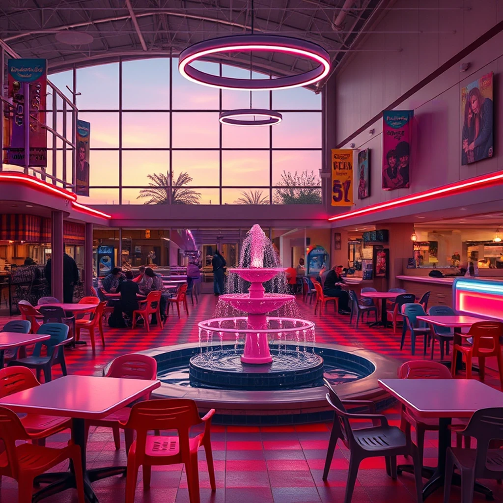 Image B of the puzzle: 1980s American shopping mall food court with neon plastic chairs