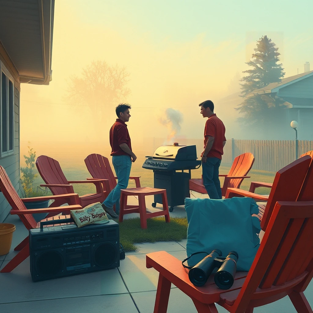 Image B of the puzzle: 1980s american suburban backyard barbecue with red plastic lawn chairs