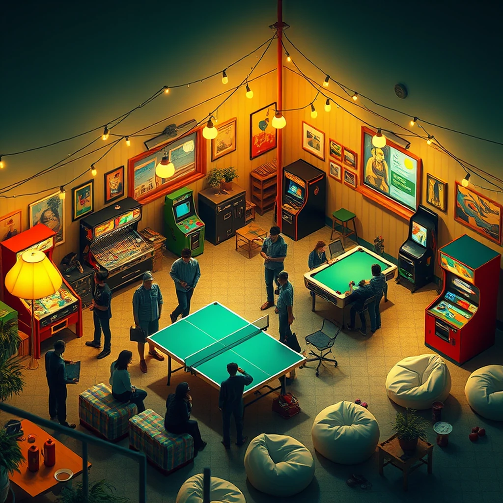 Image A of the puzzle: 1980s american suburban basement game room with ping pong table