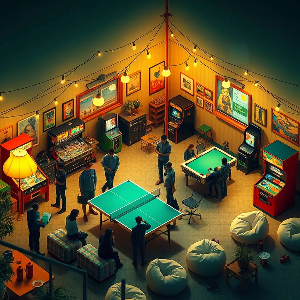 Image B of the puzzle: 1980s american suburban basement game room with ping pong table
