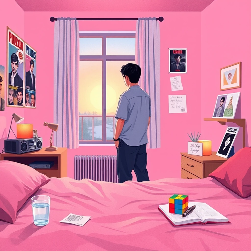 Image A of the puzzle: 1980s american suburban bedroom with posters and vinyl records