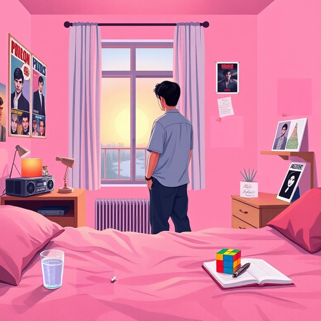Image B of the puzzle: 1980s american suburban bedroom with posters and vinyl records