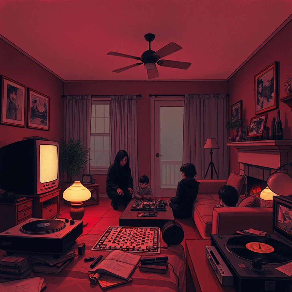 Image A of the puzzle: 1980s american suburban family den with cable TV and video games