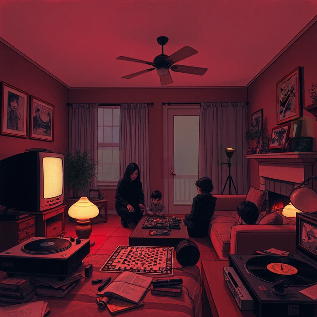 Image B of the puzzle: 1980s american suburban family den with cable TV and video games