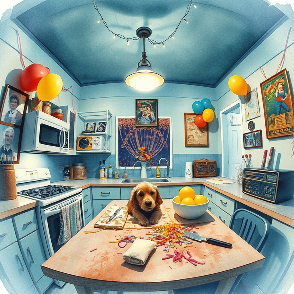Image A of the puzzle: 1980s american suburban kitchen with microwave and family photos