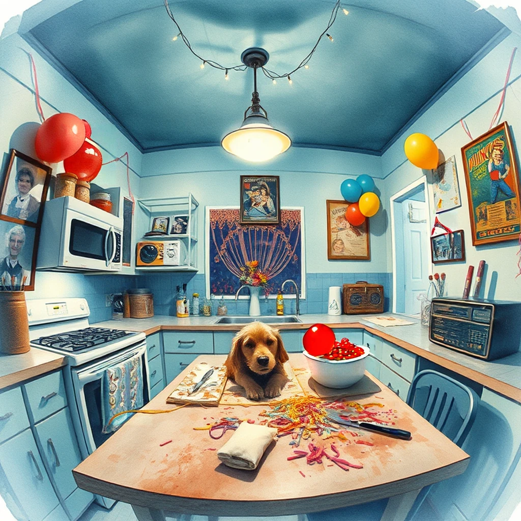 Image B of the puzzle: 1980s american suburban kitchen with microwave and family photos