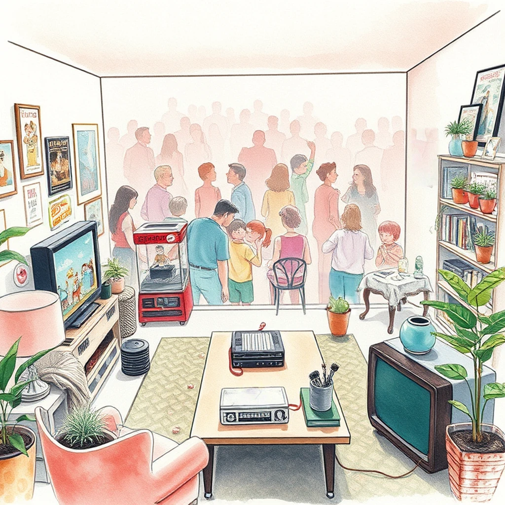 Image B of the puzzle: 1980s american suburban living room with CRT TV and popcorn machine
