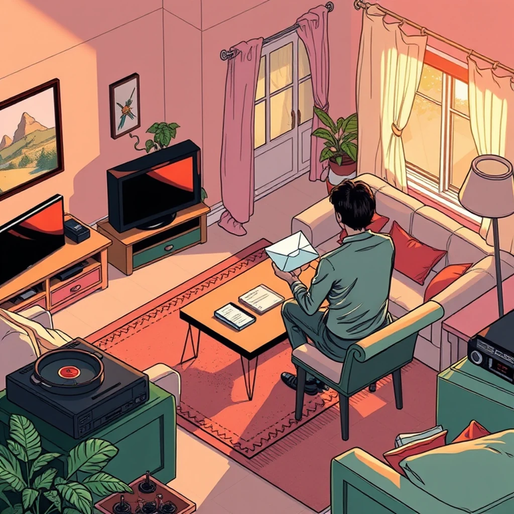 1980s american suburban living room with VCR and boombox