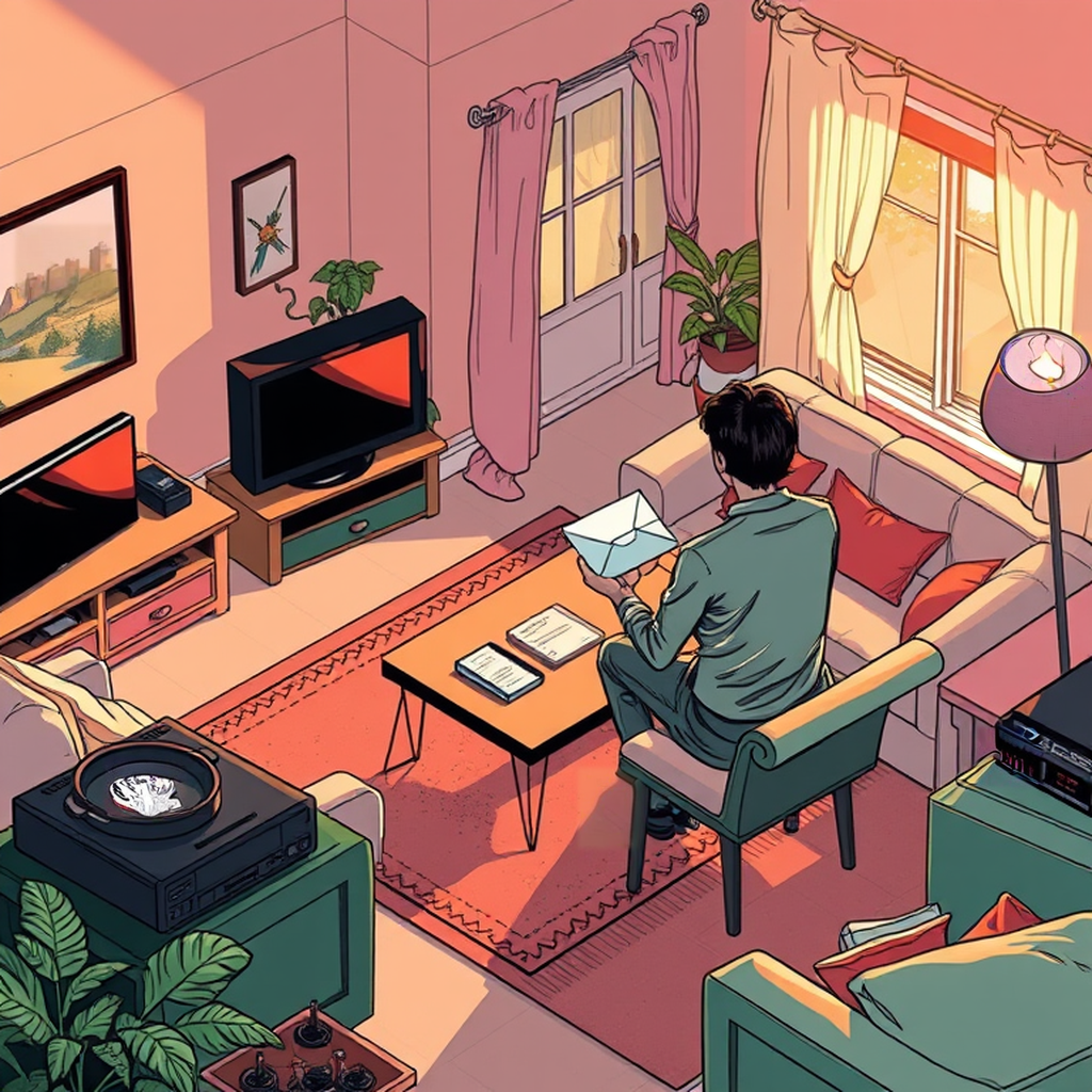 Image B of the puzzle: 1980s american suburban living room with VCR and boombox