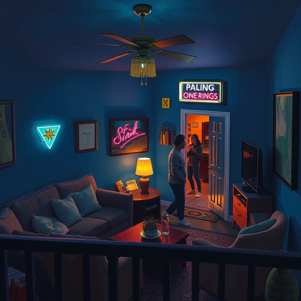 Image A of the puzzle: 1980s american suburbia living room with lava lamps and tassled throw pillows