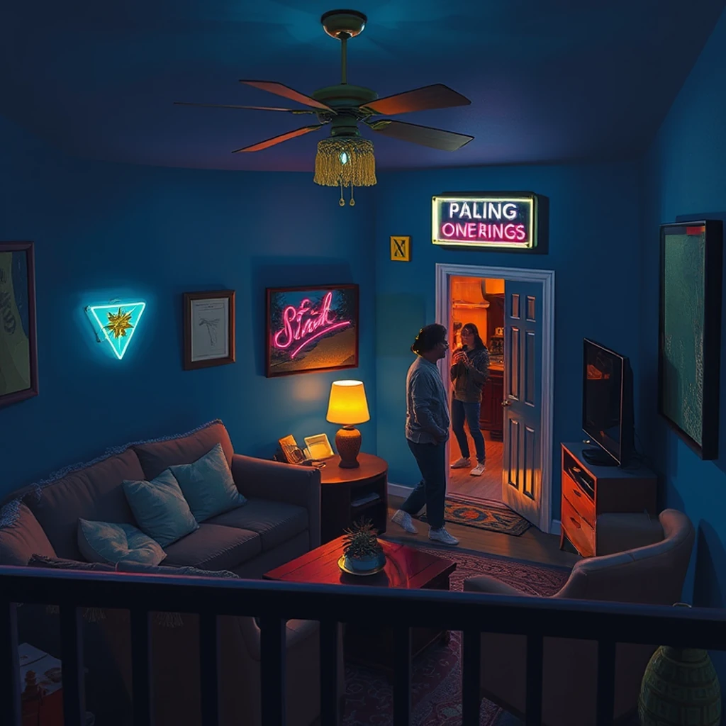 Image B of the puzzle: 1980s american suburbia living room with lava lamps and tassled throw pillows