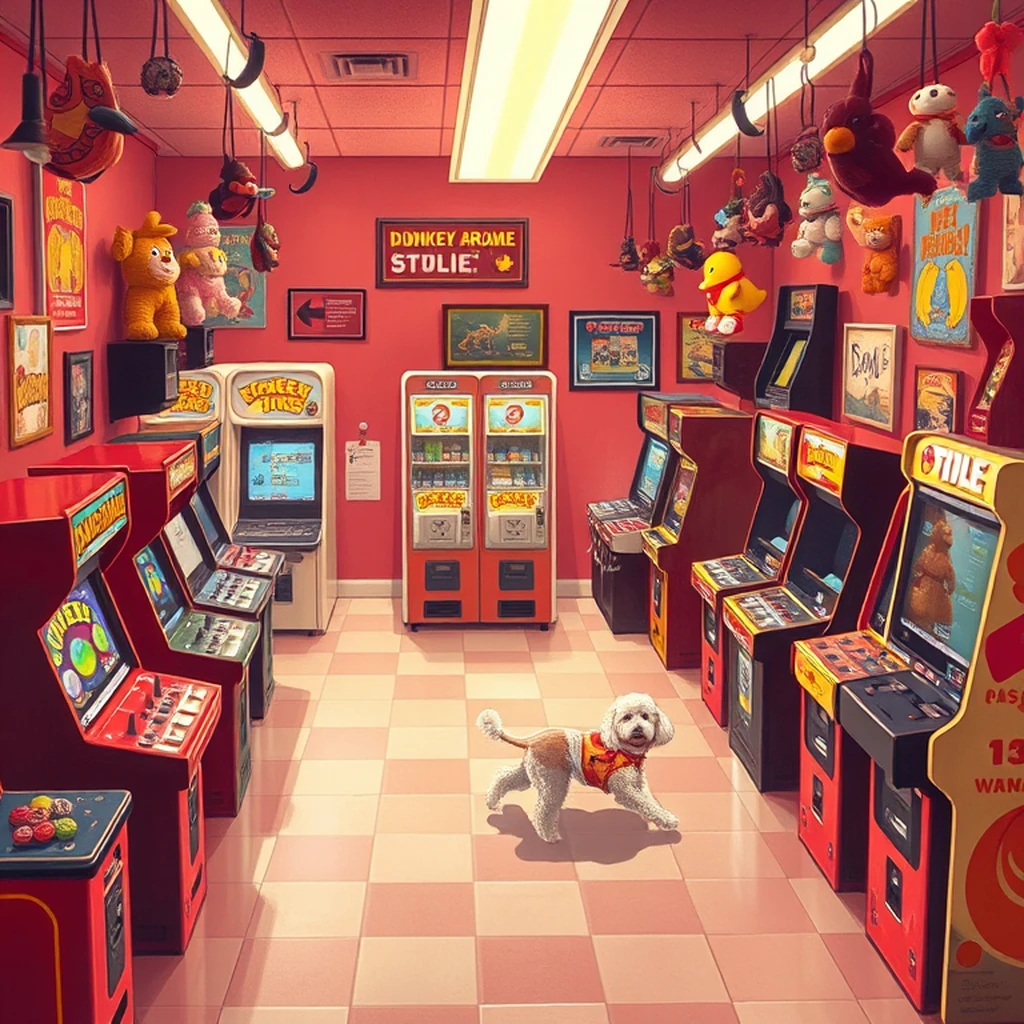 Image A of the puzzle: 1980s american video arcade with pixelated games and snack machines