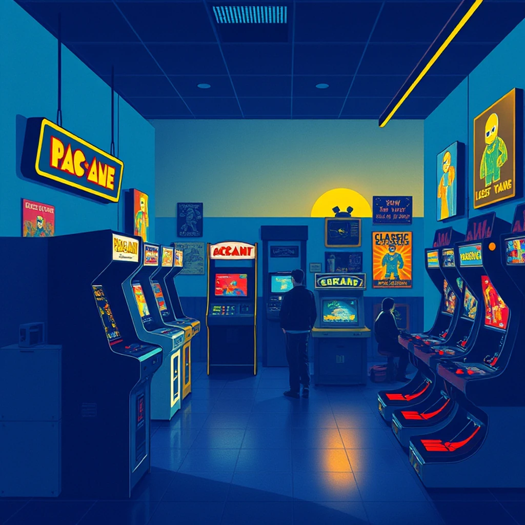 Image A of the puzzle: 1980s arcade game room with stackable blocks and racing simulators