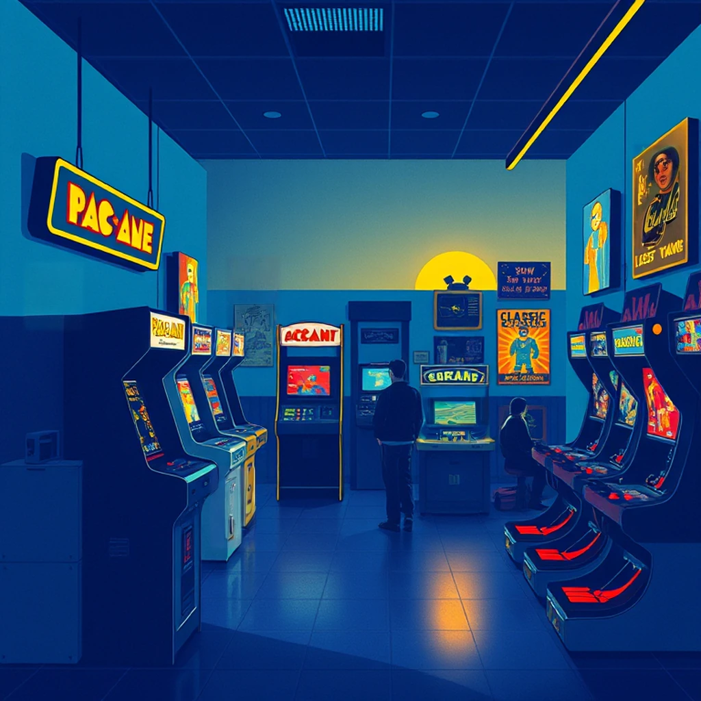 Image B of the puzzle: 1980s arcade game room with stackable blocks and racing simulators