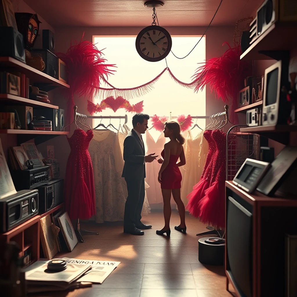 Image A of the puzzle: 1980s brazilian carnival costume shop with sequined dresses and feather headdresses