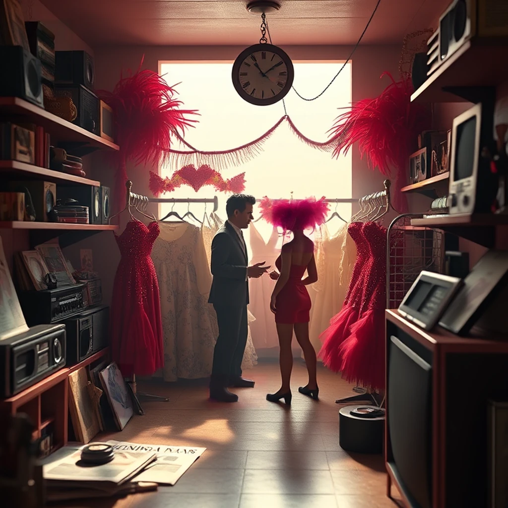 Image B of the puzzle: 1980s brazilian carnival costume shop with sequined dresses and feather headdresses