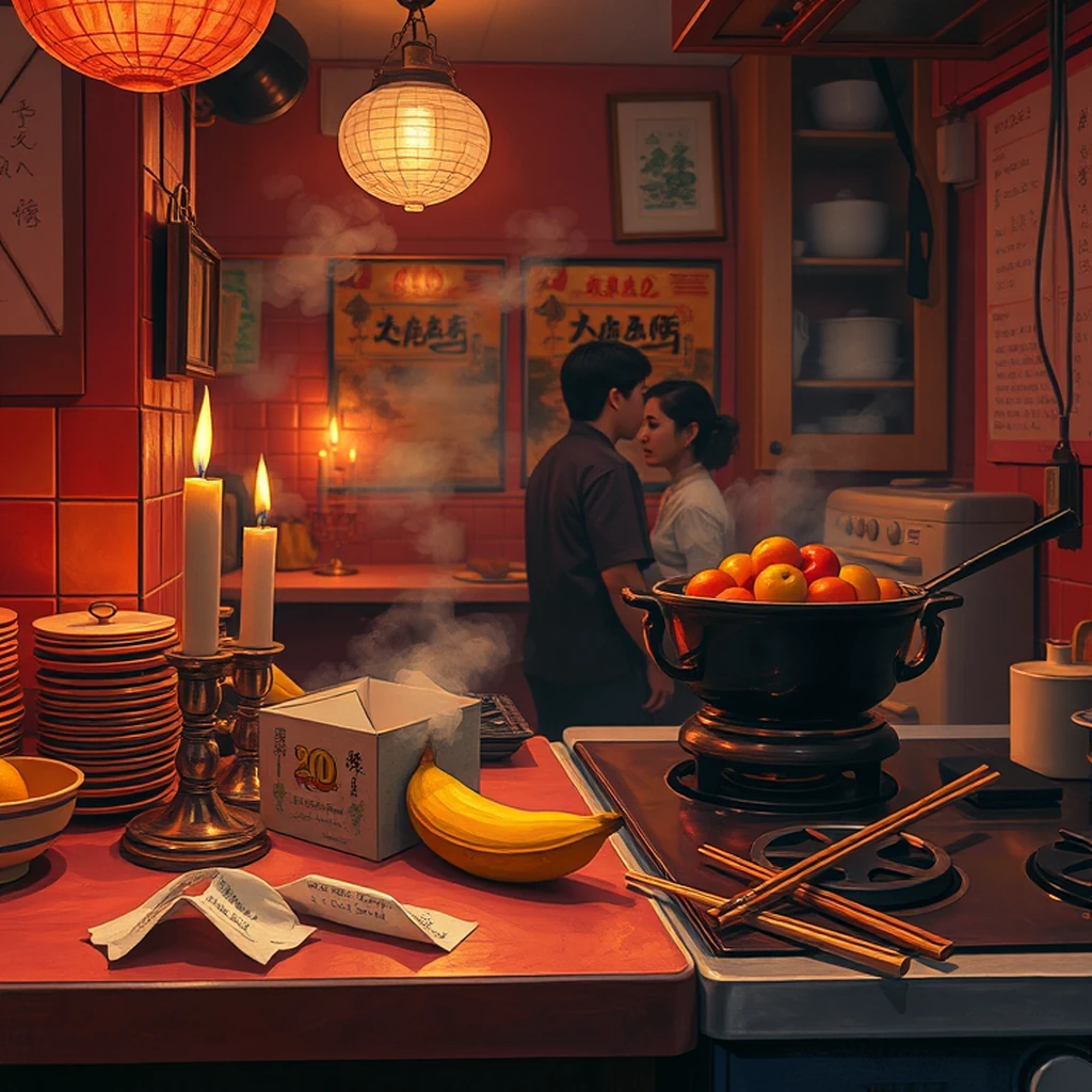 Image A of the puzzle: 1980s chinese restaurant kitchen with wok stoves and fortune cookies