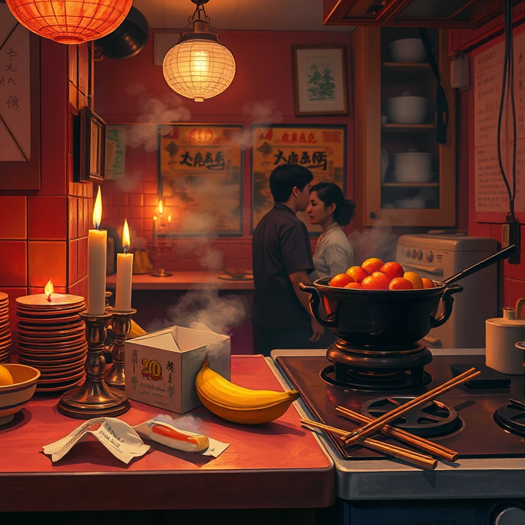 Image B of the puzzle: 1980s chinese restaurant kitchen with wok stoves and fortune cookies