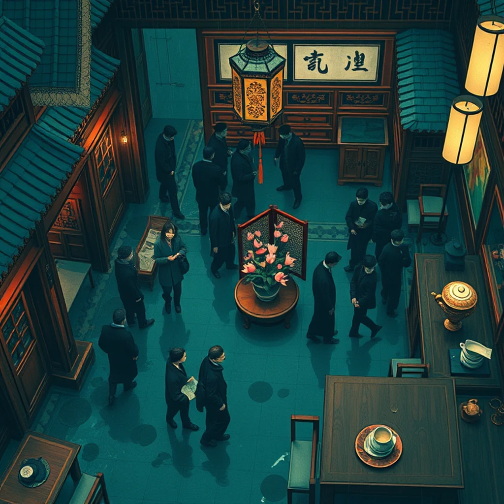 Image A of the puzzle: 1980s chinese tea house in san francisco with intricate carvings