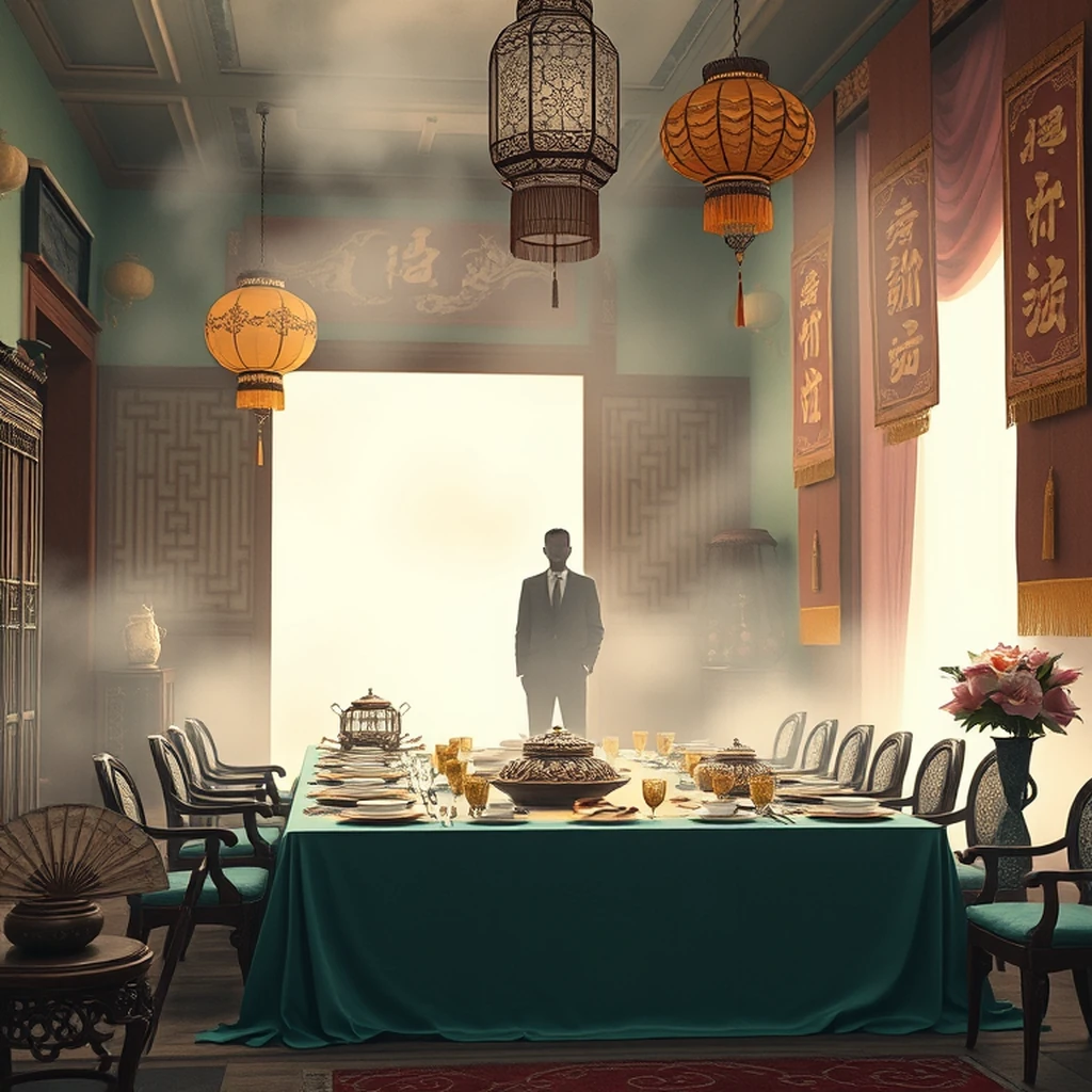 Image A of the puzzle: 1980s chinese traditional wedding banquet reception setup