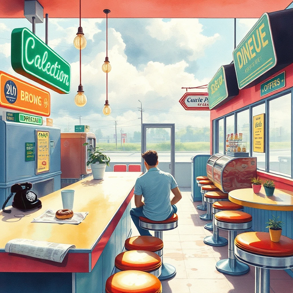 Image B of the puzzle: 1980s corner diner counter seats with neon signs and soda fountains