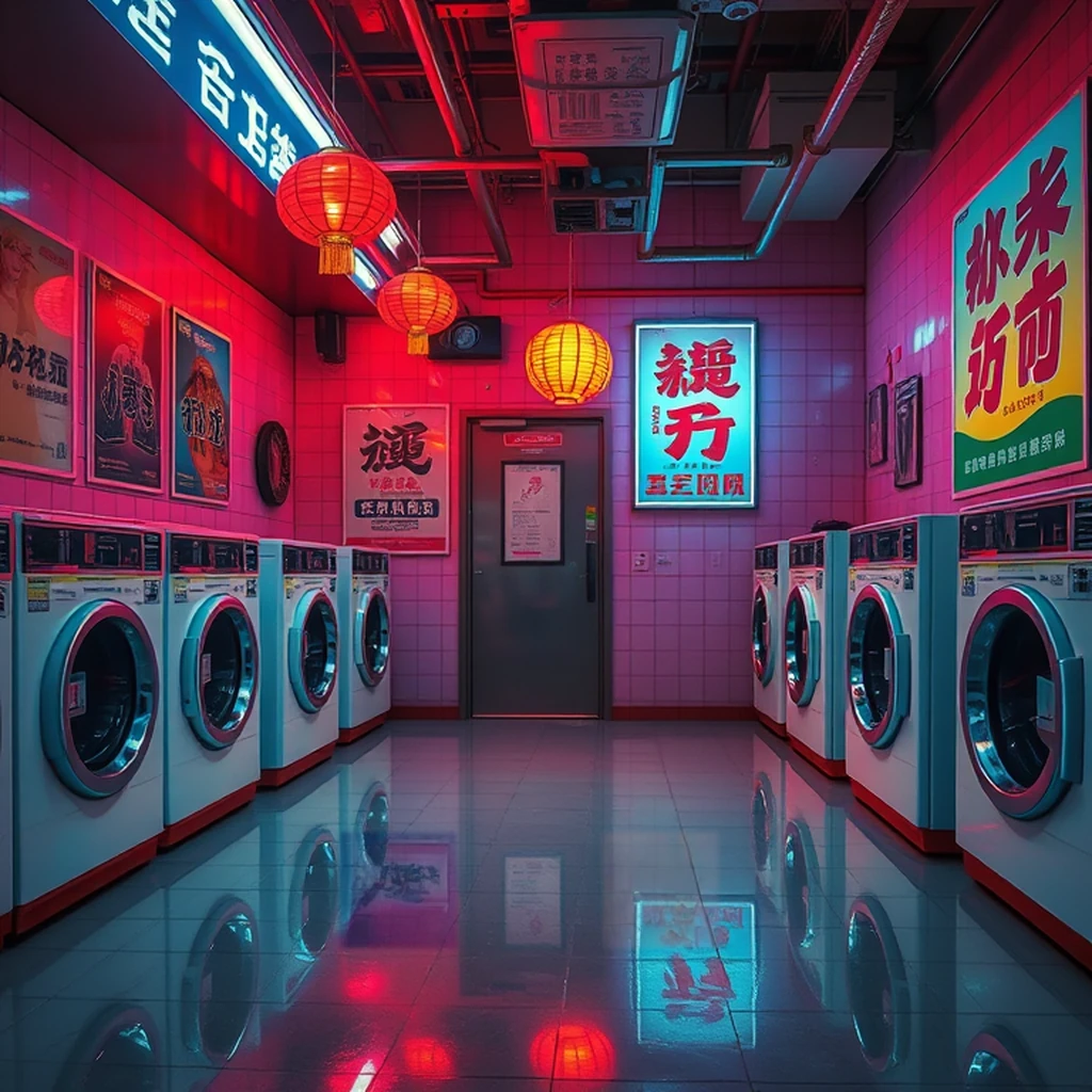 Image A of the puzzle: 1980s Hong Kong neon laundromat at midnight with washing machines spinning