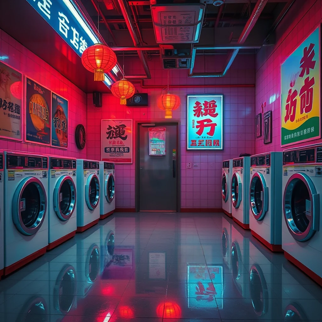 Image B of the puzzle: 1980s Hong Kong neon laundromat at midnight with washing machines spinning