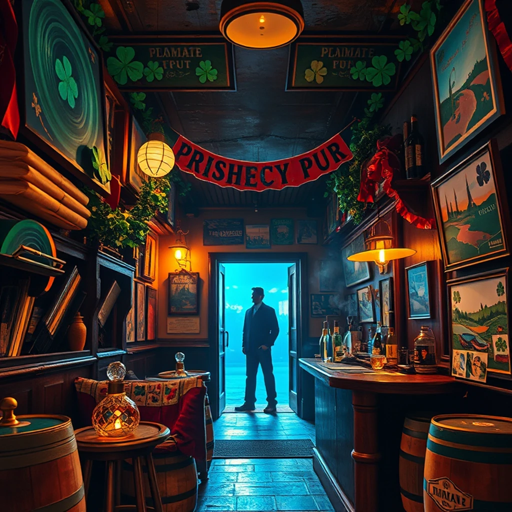 Image A of the puzzle: 1980s irish pub in manhattan with shamrock decor and whiskey barrels