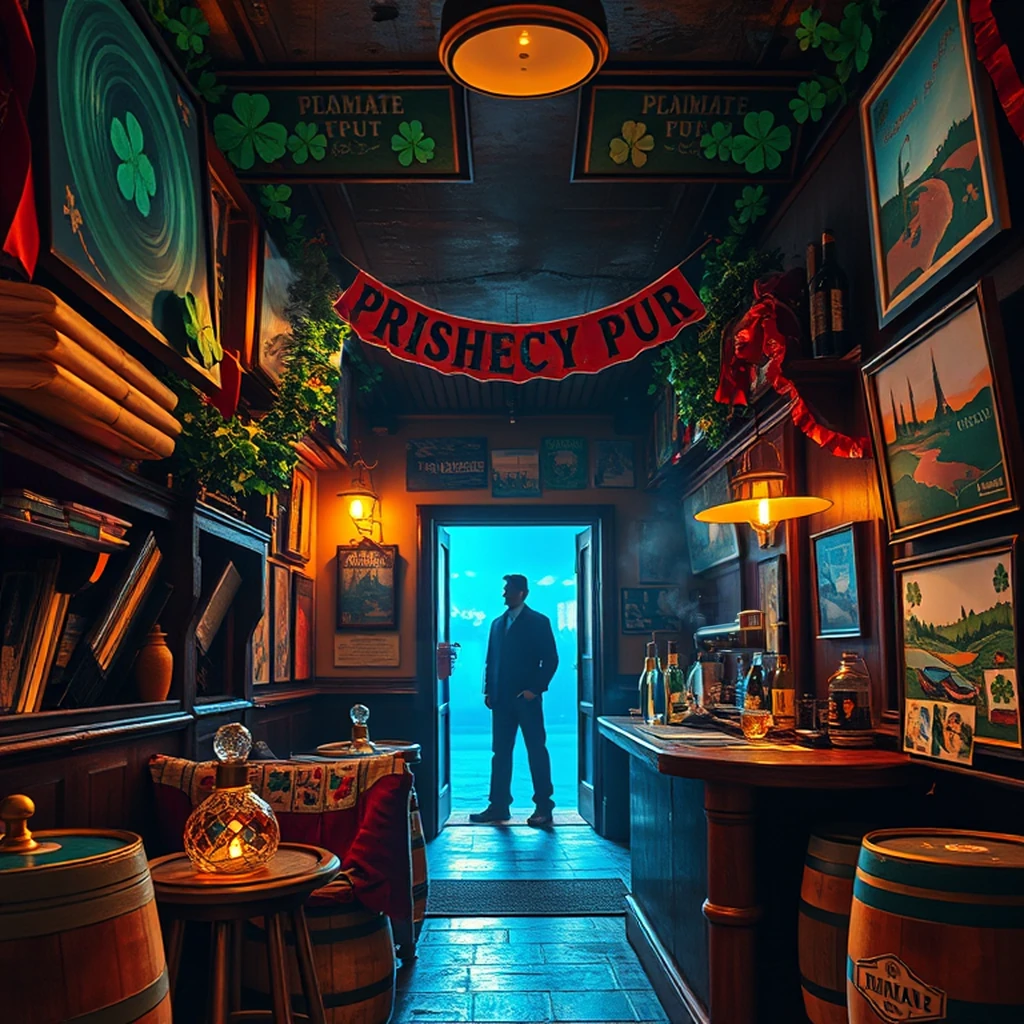 Image B of the puzzle: 1980s irish pub in manhattan with shamrock decor and whiskey barrels