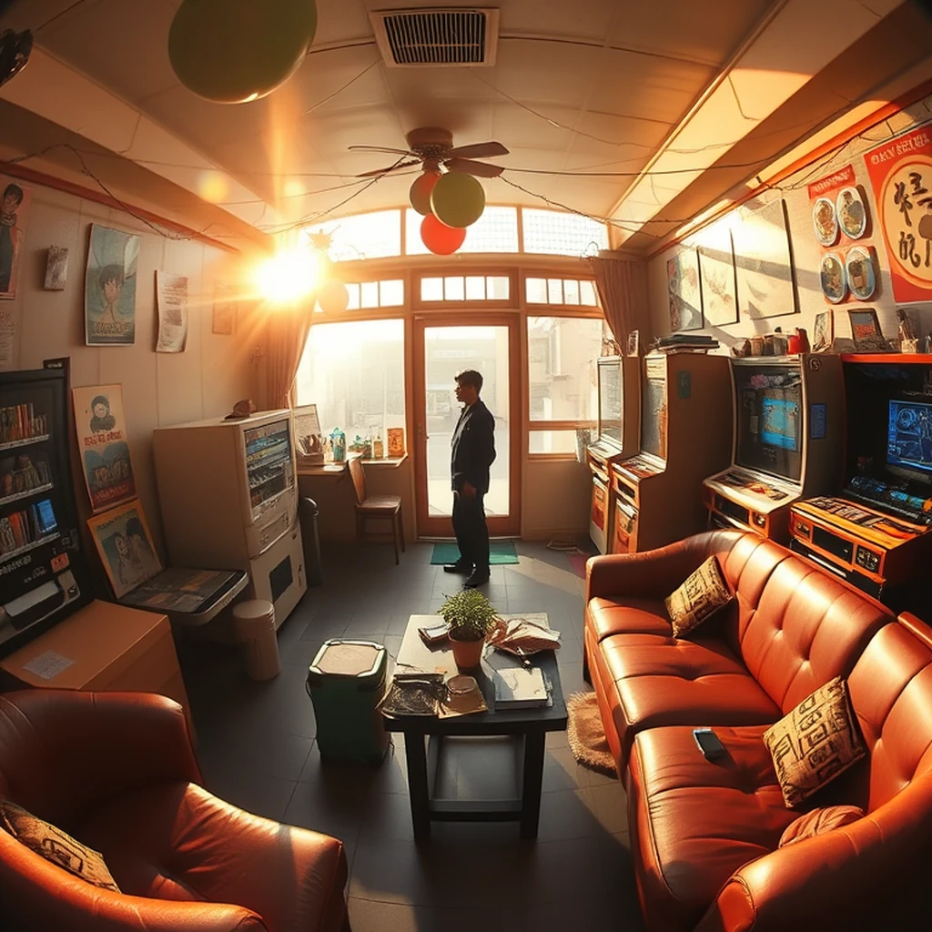 Image A of the puzzle: 1980s japanese manga cafe with couches and vending machines