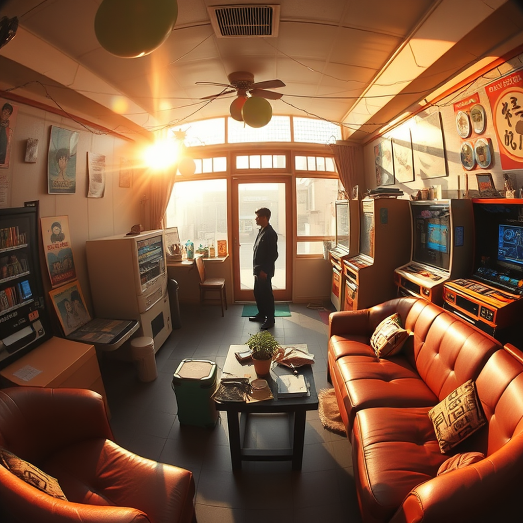 Image B of the puzzle: 1980s japanese manga cafe with couches and vending machines