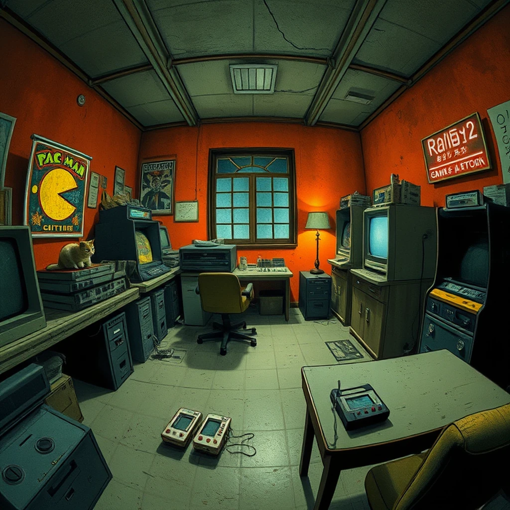 Image A of the puzzle: 1980s japanese video game company development room with early consoles